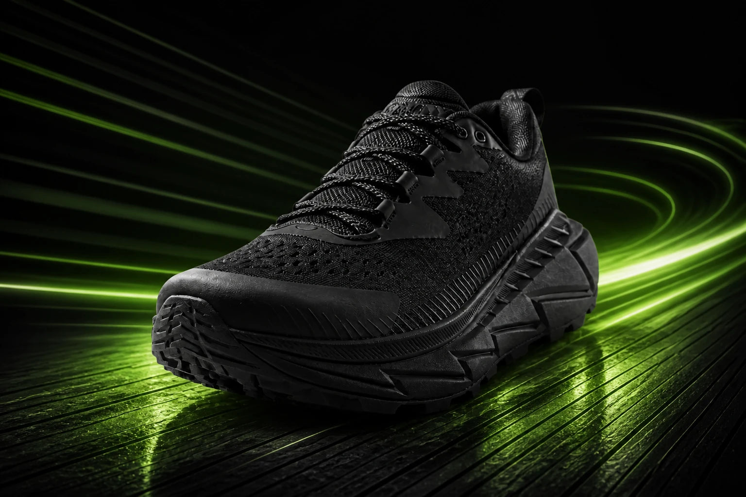 Skyline Max black comfort shoe in a dark athletic studio with green motion lighting